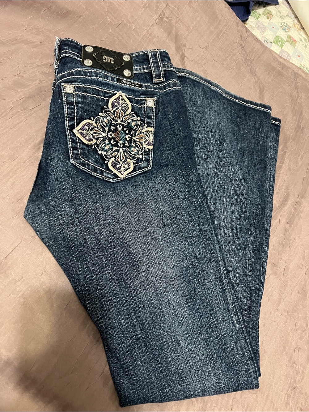 Miss Me Dark Blue Boot Cut Jeans with Embroidered Back Pocket